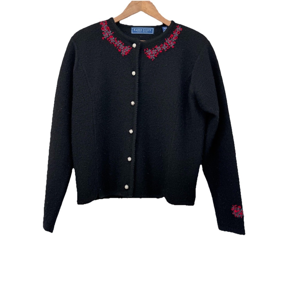 KAREN SCOTT 100% Wool sweater Embroidered Cottagecore Cozy Grandma L